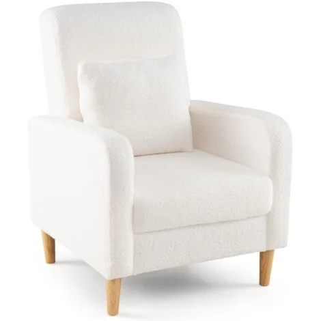 Poltrona imbottita con cuscino lombare, rivestimento in lana a forma di orsacchiotto, gambe in legno di caucciù, stile moderno, sedia da lettura, bianco