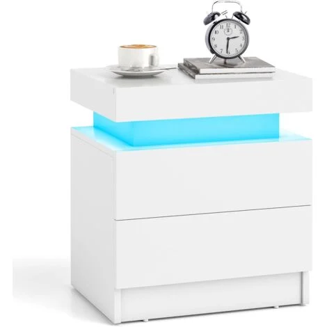Tavolino Comodino con LED a 20 Colori, Comodino Effetto Marmo con 2 Cassetti, Comodino per Camera da Letto e Soggiorno, 46 ​​x 35 x 52 CM, Bianco