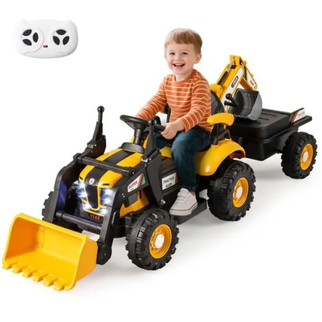 COSTWAY 4 in 1 Trattore Elettrico per Bambini, Trattore Cavalcabile per Bambini 3-8 Anni con Telecomando Rimorchio e Cucchiaia Staccabile, Velocità Regolabile, Doppi Motori (Giallo)