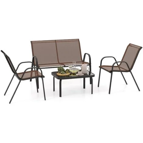 COSTWAY Set Tavolo e Poltrona da Giardino, Set di Mobili 4 Pezzi per Esterno, con Tavolino in Vetro Temperato, Panca e 2 Poltrone, per Giardino Balcone Piscina (Marrone)