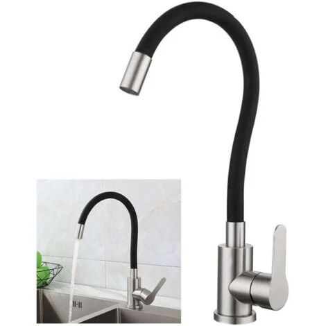 Rubinetto da cucina flessibile con bocca girevole alta, miscelatore monoforo per lavello, acqua calda e fredda, acciaio inossidabile spazzolato nero