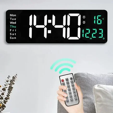 Orologio da parete digitale di grandi dimensioni, telecomando, temperatura, data, settimana, display, spegnimento, memoria, orologio da parete, doppio allarme LED