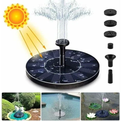 Fontane per laghetti ornamentali Pompa per fontana solare, Pompa per acqua solare 1,4 W 150 l/h (massimo 70 cm) + 4 ugelli, Mini pompa solare per fontane decorative per laghetto da giardino