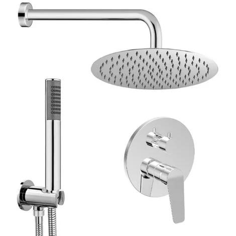 Set doccia miscelatore con deviatore, braccio 40 cm, soffione 25cm e doccino finitura cromo lucido Aurora