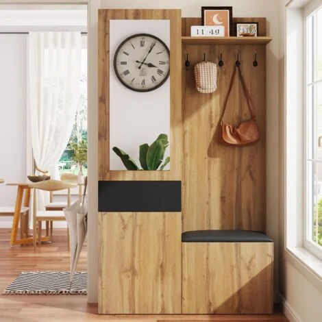 Mobile da ingresso, uno specchio e una seduta imbottita, 5 ganci, una scarpiera e diversi spazi di stoccaggio, 98x38x191 cm, Naturale