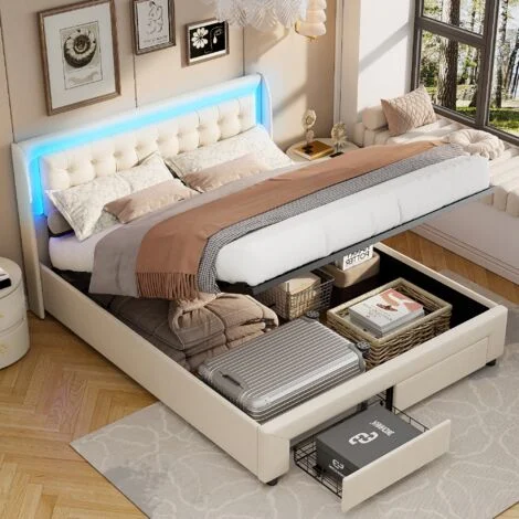 Letto contenitore matrimoniale 180 x 200 cm con 2 cassetti, con testiera con illuminazione LED, contenitore idraulico, rete a doghe, giroletto, letto per adulti in velluto - Bianco