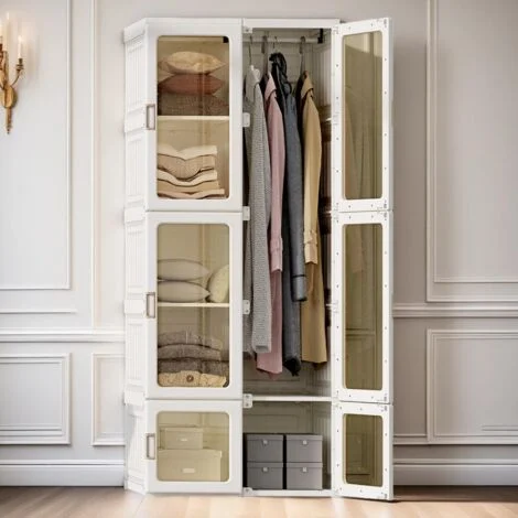 Armadio con 10 scomparti, 6 ante, 1 sospensione - Armadio pieghevole con ante trasparenti, Mobile contenitore, PP+ABS+magnete, 69x50x170cm - Bianco