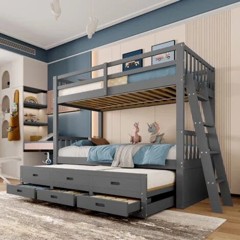 Letto a castello 90 x 200 cm, letto per bambini con rete a doghe estraibile, 3 cassetti, scaletta e sponda di sicurezza, 3 posti, Grigio