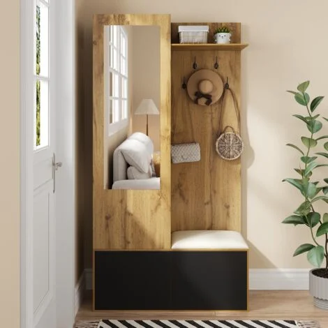 Set mobili da ingresso, composto da 5 ganci, 1 specchio, 1 scarpiera, panca per ingresso, 100x38x191 cm, design moderno, Naturale
