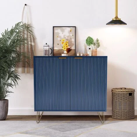 Credenza da 80 cm, mobile contenitore a 2 ante con strisce verticali, spazio di archiviazione - gambe dorate, adatta per sala da pranzo, camera da letto, soggiorno - Blu navy