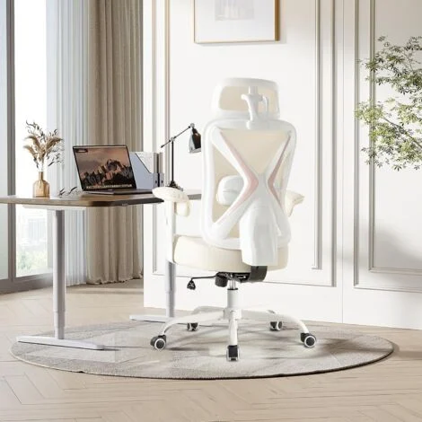 UEV Sedia Rinforzata con Cuscino Spesso Fino a 220KG, Sedia da Ufficio Ergonomica con Multi-Regolazioni, Sedie da Scrivania Robuste con Gambe in Ferro, 70x70x122-130 cm, Beige