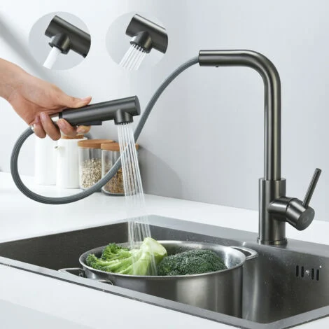 CECIPA Miscelatore Cucina con Doccetta Estraibile Rubinetto Cucina con 2 Tipi di Getti Miscelatore Lavello in Acciaio Inox, Girevole a 360°, Grigio Nero
