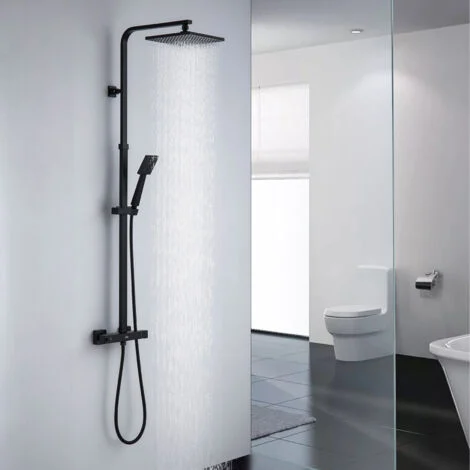Auralum Nero Colonna Doccia con Termostatico Miscelatore Quadrato Sistema Doccia Antiscottatura con 10 pollici Soffione e Doccetta con Ugelli Anticalcare Altezza Regolabile per Bagno