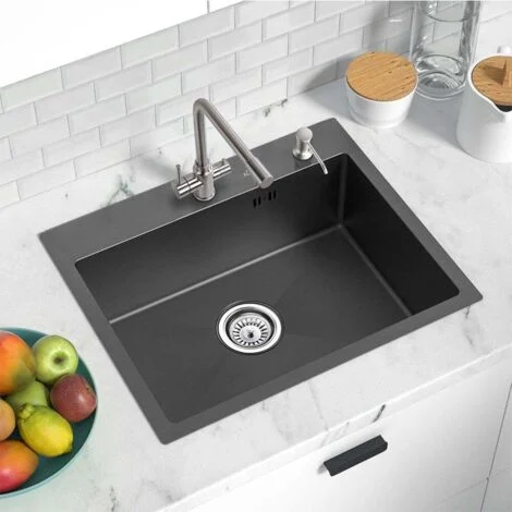 Lavello da Cucina 1 Vasca 55 x 45 cm in Acciaio Inox, Lavandino Incasso Quadrato con 300ml dispenser di sapone e Sifone, Da appoggio o filotop, Grigio scuro