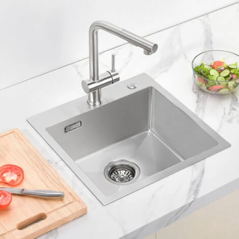 45 x 45 cm Lavello da Cucina 1 Vasca Spazzolato in Acciaio Inox Lavandino Cucina Vasca Singola con Troppopieno e Sifoni