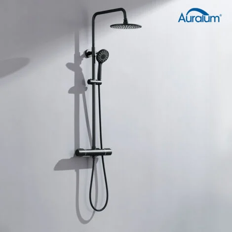 Auralum Colonna Doccia con Miscelatore Termostatico Nero, Sistema Doccia Antiscottatura, Set Doccia con Soffione e Doccetta 3 getti, Altezza regolabile dopo l'installazione 84 -121cm