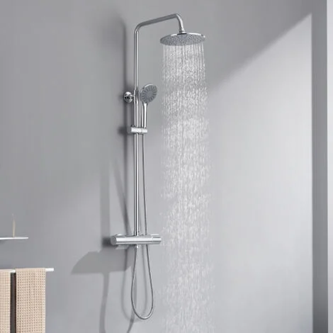 Auralum Colonna Doccia con Termostatico Miscelatore a 38°C Blocco di sicurezza, Termostatico Colonna Doccia con Soffione e Doccetta 3 getti, Altezza regolabile dopo l'installazione