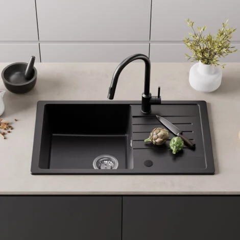 Lavello da incasso Cecipa con gocciolatoio - Lavello a una vasca in quarzo e resina - Lavello a una vasca 78x45 cm Lavello da cucina nero di grande capacità Due direzioni di installazione