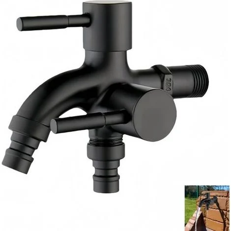 Rubinetto doppio in lega di alluminio - Rubinetto universale a doppia uscita - Rubinetto da giardino nero - Rubinetto multifunzione 2 in 1 - Adatto per pareti, bagni, angoli e giardini - Dimensioni: 1