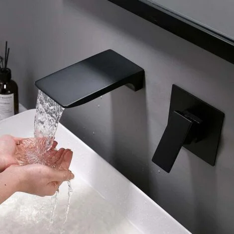 Rubinetto da bagno nero a parete, miscelatore a parete, rubinetto a cascata in ottone
