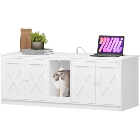 Mobile Lettiera per Gatti, Mobile per Lettiera Gatto con Porte USB e Prese di Corrente, Nicchie e Casette da 140 cm per 2 Gatti, Casa per Gatto da Interno, Bianco