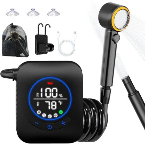 Doccia portatile con 5 velocità per il campeggio, soffione ricaricabile con schermo LCD e 4 modalità di getto, pompa per doccia tascabile impermeabile IPX8 per viaggi e animali domestici.