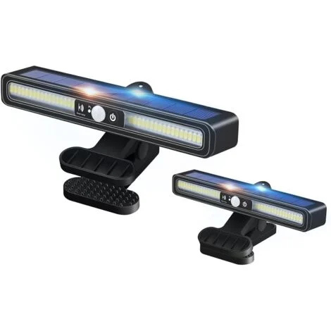 Set di 2 luci solari da esterno con clip e sensore di movimento, 3 modalità di illuminazione, faretto solare da esterno impermeabile per giardino e recinzione (luce calda)