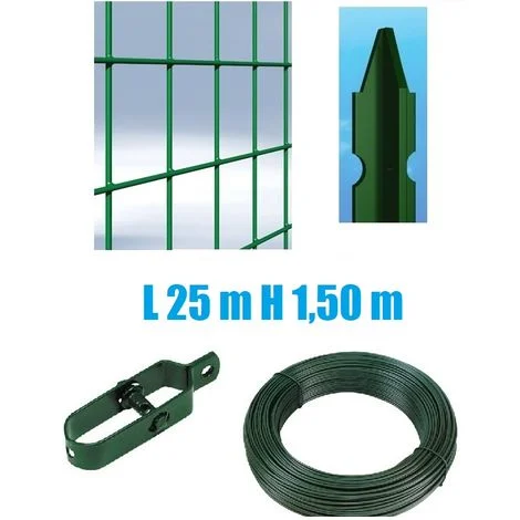 Recinzione Completa 25mt Lineari Rete Metallica Plastificata (Rete h150 cm) (Maglia:mm75X50) con Paletti nel Cemento