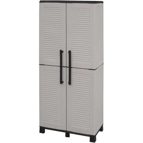 Dmora - Armadio da esterno Askan, Armadio porta scope, Mobile outdoor 2 ante, 100% Made in Italy, 68x37h169 cm, Grigio chiaro e Nero, Finitura righe