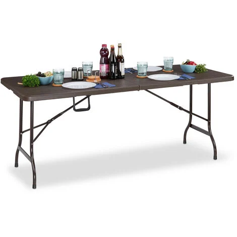 Relaxdays Tavolo da giardino effetto legno, pieghevole rettangolare, chiusura sicurezza, maniglia, 73x180x74 cm, marrone