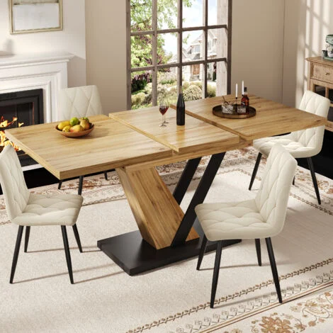 Tavolo da pranzo allungabile 120–160 x 75 x 75,5 cm, piano in MDF effetto legno, gambe in metallo, per cucina e soggiorno
