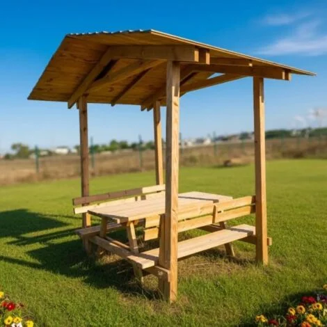 Gazebo Pergola in Legno Massello con Tavolo da Picnic e Panche