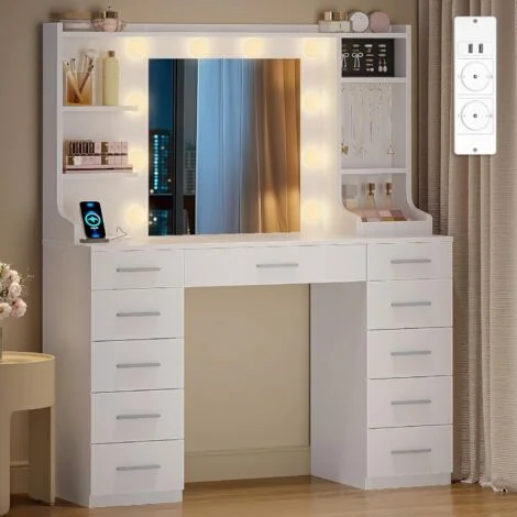 Toeletta Trucco, Postazione Trucco con Luce LED Regolabile, 11 Cassetti e 6 Ganci per Gioielli, Include Spazio per Anelli, Toeletta da Trucco con Prese Elettriche, Bianco