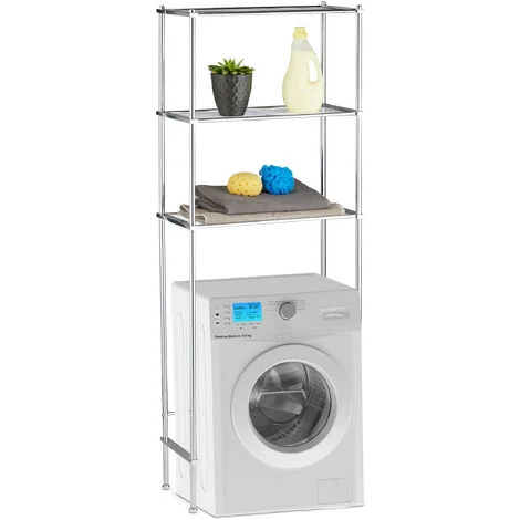 Relaxdays Mobile Sopra Lavatrice, Scaffale Rialzato con 3 Ripiani per Lavanderia e Bagno, HLP 162 x 63 x 30 cm, argento