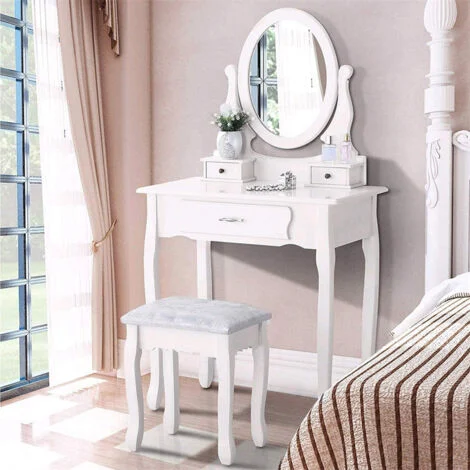 Toeletta con sgabello imbottito Tavolo da trucco 2 in 1 con specchio e 3 cassetti con piano rimovibile Bianco