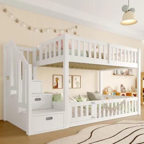 Letto a castello per bambini 90 x 200 cm — scaletta con contenitore, rete a doghe, pino/MDF, bianco
