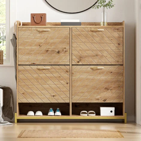 Scarpiera in legno con 4 ante a ribalta, struttura in metallo, adatta per ingresso o corridoio, 108,5x24x100 cm, Naturale