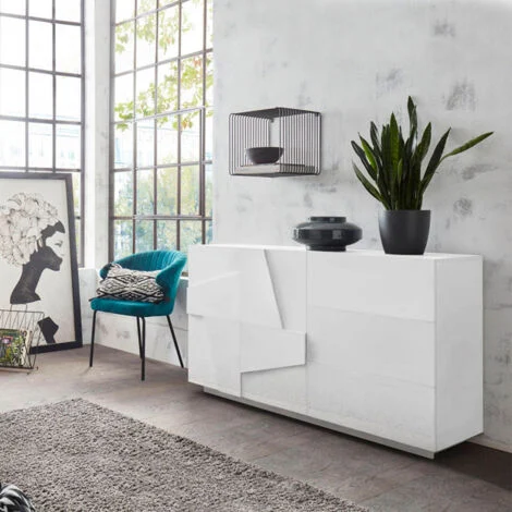 Web Furniture Credenza Ping Bianco Lucido - 140 cm per Soggiorno e Sala da Pranzo