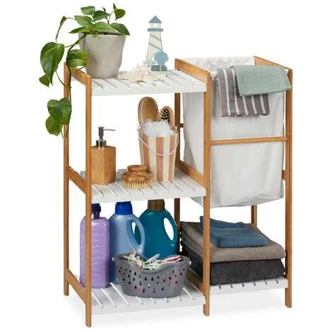 Relaxdays Scaffale per il Bagno con Contenitore Portabiancheria, Mobiletto Bambù e MDF, 76x65,5x33 cm, Naturale Bianco