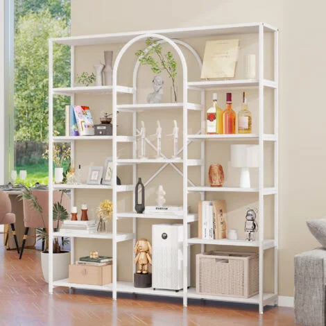 Scaffale bianco da 180 cm, libreria dal design moderno e minimalista, ripiani multipli, design rettangolare e curvo, struttura in metallo e MDF