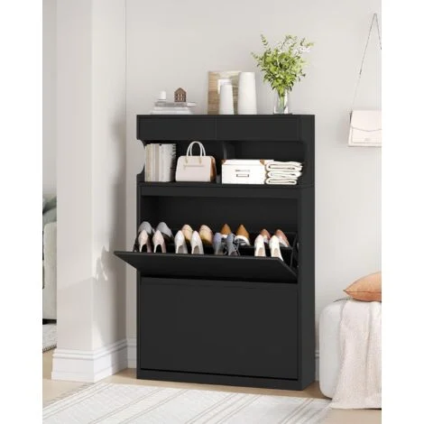Scarpiera, scarpiera stretta, regolabile, per ingresso, corridoio, guardaroba, 16 paia, 2 alette (80 cm), nero