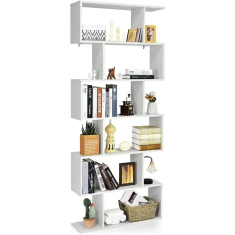 COSTWAY Libreria in Legno Scaffale Multifunzionale a 6 Ripiani per Piante e Libri per Ufficio Casa Ripiano a Forma di S, 80 x 23 x 192 cm (Bianco)