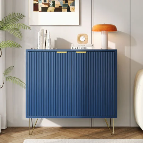 Credenza bassa a 2 ante - 80x40x78 cm - in legno striato con gambe e maniglie dorate - Design moderno ed elegante - Blu scuro