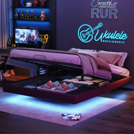 Letto 160x200 cm - Letto contenitore 160 e rete - Letto flottante LED RGB con contenitore - Senza testiera - Similpelle PU nera