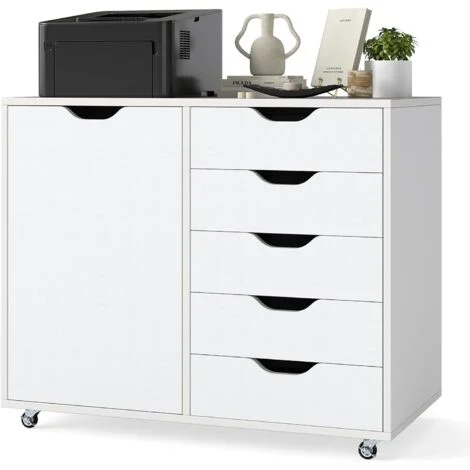 COSTWAY Mobiletto con 5 Cassetti e Anta, Cassettiera per Documenti con 5 Ruote e Ripiano Regolabile, per Soggiorno, Ufficio e Cucina, 79 x 40 x 65 cm (Bianco)
