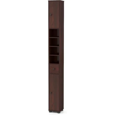 COSTWAY Mobile Bagno 180 cm, Armadio Colonna Salvaspazio con 1 Cassetto, 5 Ripiani Regolabili e Struttura Antiscivolo, Mobiletto per Soggiorno, Camera da Letto e Cucina, Bianco (Marrone)