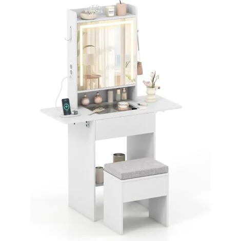 COSTWAY Toeletta Trucco con Luci LED, Tavolo da Trucco con Specchio e Stazione di Ricarica, Postazione Trucco con Cassetto, 2 Piani dAppoggio a Ribalta, Bianco (Modello 3)