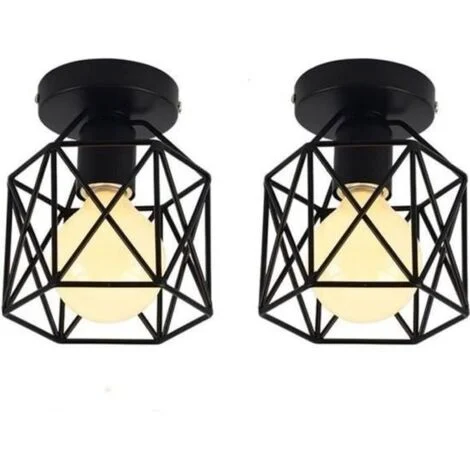 Pack x2 Plafoniera Retrò Metallo Cubo Industriale Ferro Lampada da Soffitto E27 per Soggiorno Camera da Letto Cafe Sala da Pranzo,Nero
