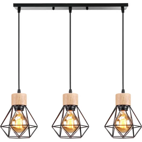 3 Luce Lampada a Sospensione Vintage Interno, Lampada da Soffitto Legno Metallo E27 Altezza Regolabile per Salotto, Camera da Letto, Cucina (Nero)