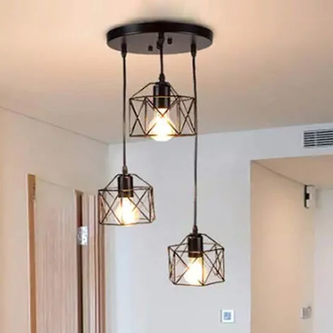 Lampadario a Sospensione Vintage, 3 Luci Lampada da Soffitto E27 in Metallo Gabbia Esagono Industriale per Cucina, Sala da Pranzo, Soggiorno (Nero)